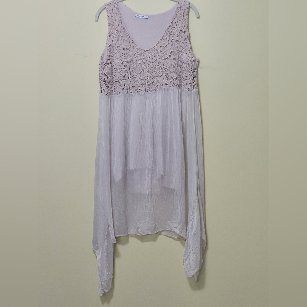 Angela Mara Silk Cotton sleeveless dress, size small, lace‎ top, Sheer skirt
